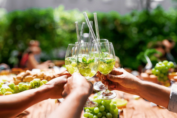 A sophisticated gathering of people toasting with wine glasses, surrounded by lush grapes, exuding elegance and camaraderie on a group trip planned by My Tailored Escape travel agency.