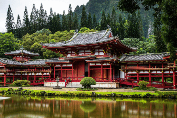 Photo of a red temple in Asia amidst a lush green mountains and clear lake.