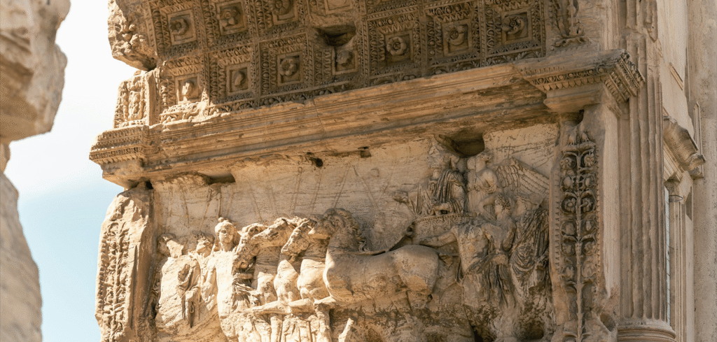 Photo of inside architectural details of the Arc de Triomphe in Paris. 