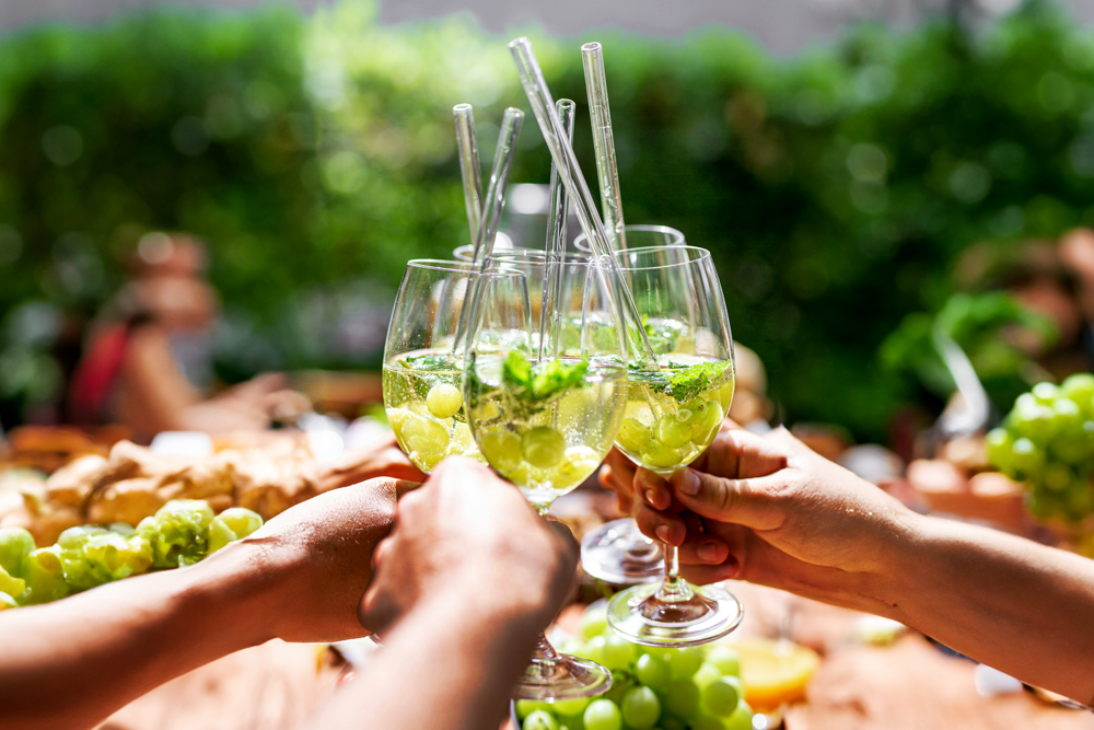 A sophisticated gathering of people toasting with wine glasses, surrounded by lush grapes, exuding elegance and camaraderie on a group trip planned by My Tailored Escape travel agency.