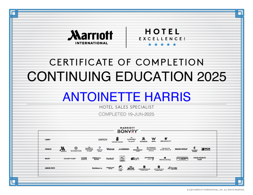 My Tailored Escape is a Marriott International Hotel Excellence certified travel agency. This is the Marriott Hotel Excellence certificate.