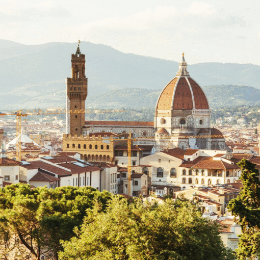 Photo of the Duomo in Florence, Italy peeking behind green trees.