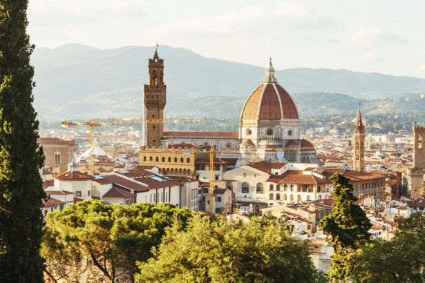 Photo of the Duomo in Florence, Italy peeking behind green trees.